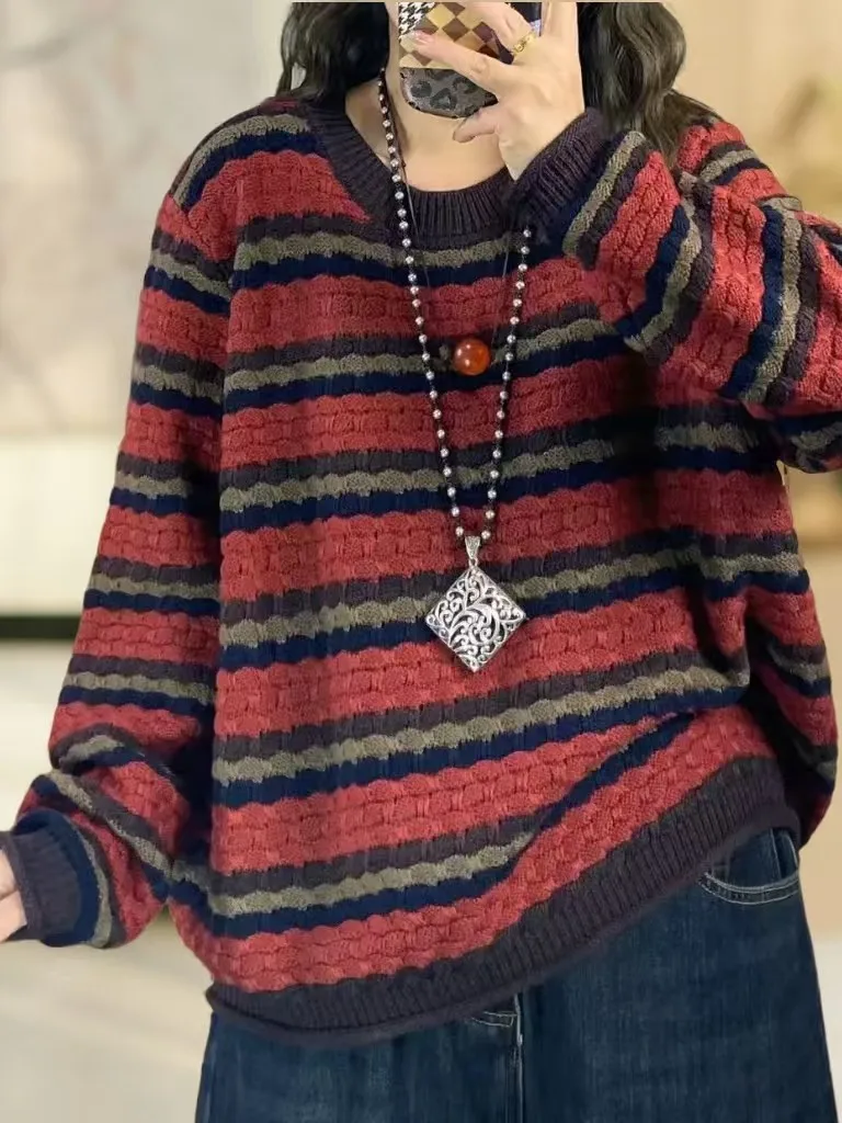 

High-End Striped Long Sve Knitted Sweater for Women Vintage Faion Versatile Commuting Anti-Aging Base Layer Sweater