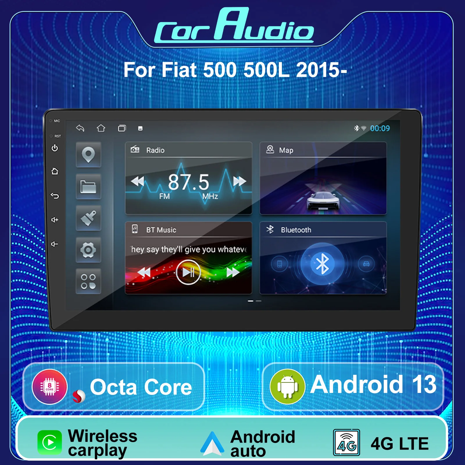 Android 12 QLED 9‘’ Screen Car Radio For Fiat 500 500L 2015 2016 2017- Stereo 1Din Autoaudio Carplay WIFI GPS Navigation Player