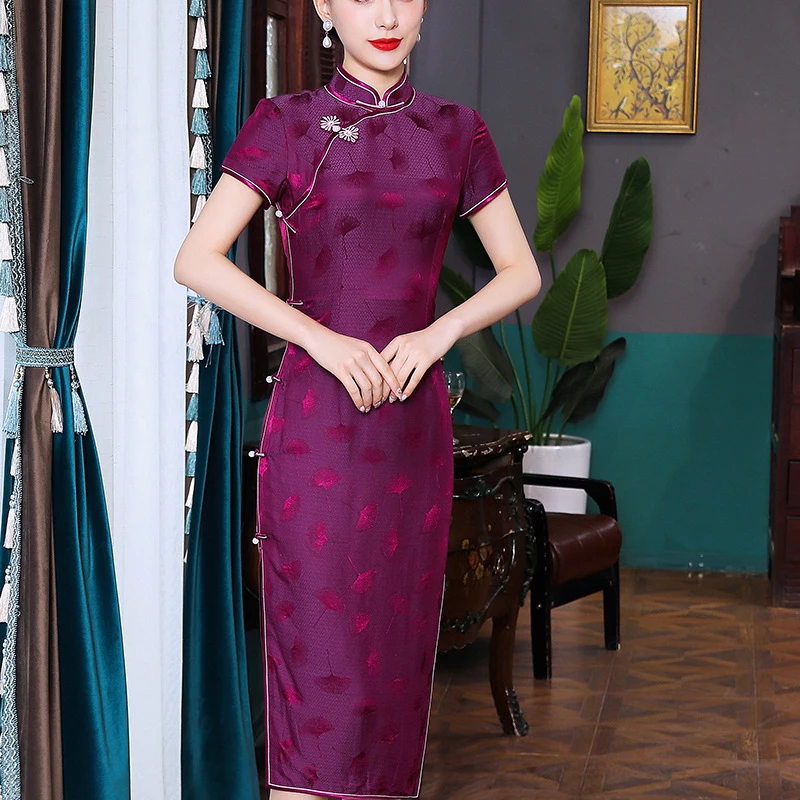 

Banquet Silk Jacquard Cheongsam Purple Vintage Button Sexy Traditional Chinese Women Formal Party Gown Elegant Side Split Qipao