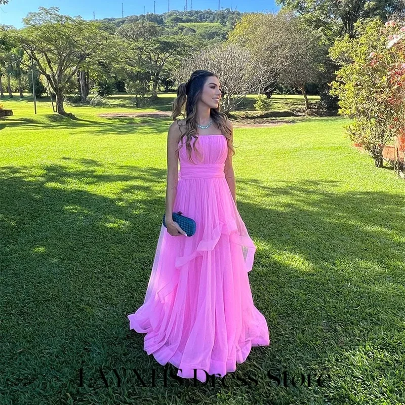 LAYXHS ง่ายชุดราตรีสีชมพู A-Line Tulle Tiered Ruffle อย่างเป็นทางการ PARTY PROM Dresses ที่กําหนดเอง FBستانة