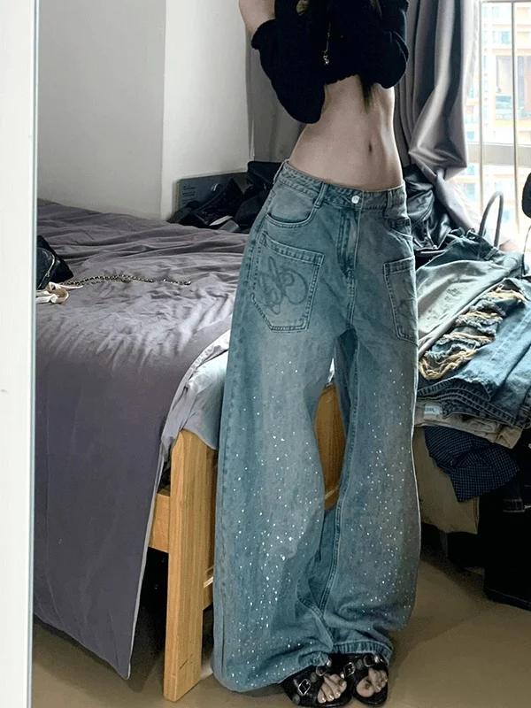 

Ретро американские джинсы со стразами и низкой талией, свободные прямые джинсы длиной до пола, женские осенние новые брендовые джинсы PmORh