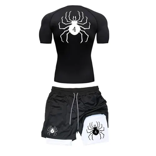 Conjunto de compresión de Anime Hunter X Hunter para hombre, traje de Fitness de secado rápido, camisa de compresión de Manga + pantalones cortos de gimnasio, 2 piezas, para correr y entrenamiento