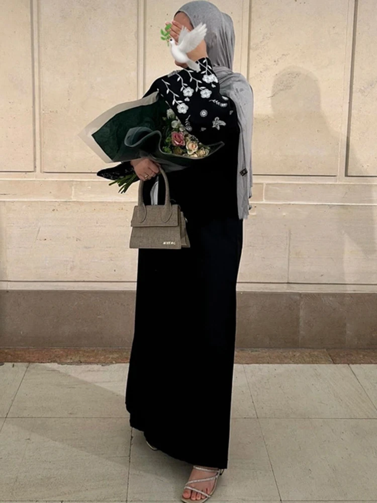 Abaya musulmana con bordado floral para mujer, vestido Eid, Marruecos, Ramadán, Abayas, caftán islámico, cárdigan, túnica larga árabe de Dubái