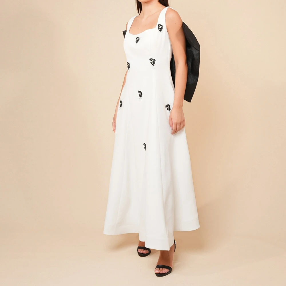 

Customized A-line Evening Dresses Tea-length Square Collar Sleeveless Prom Gown Fashion Beading Bow Simple Draped Party Gown