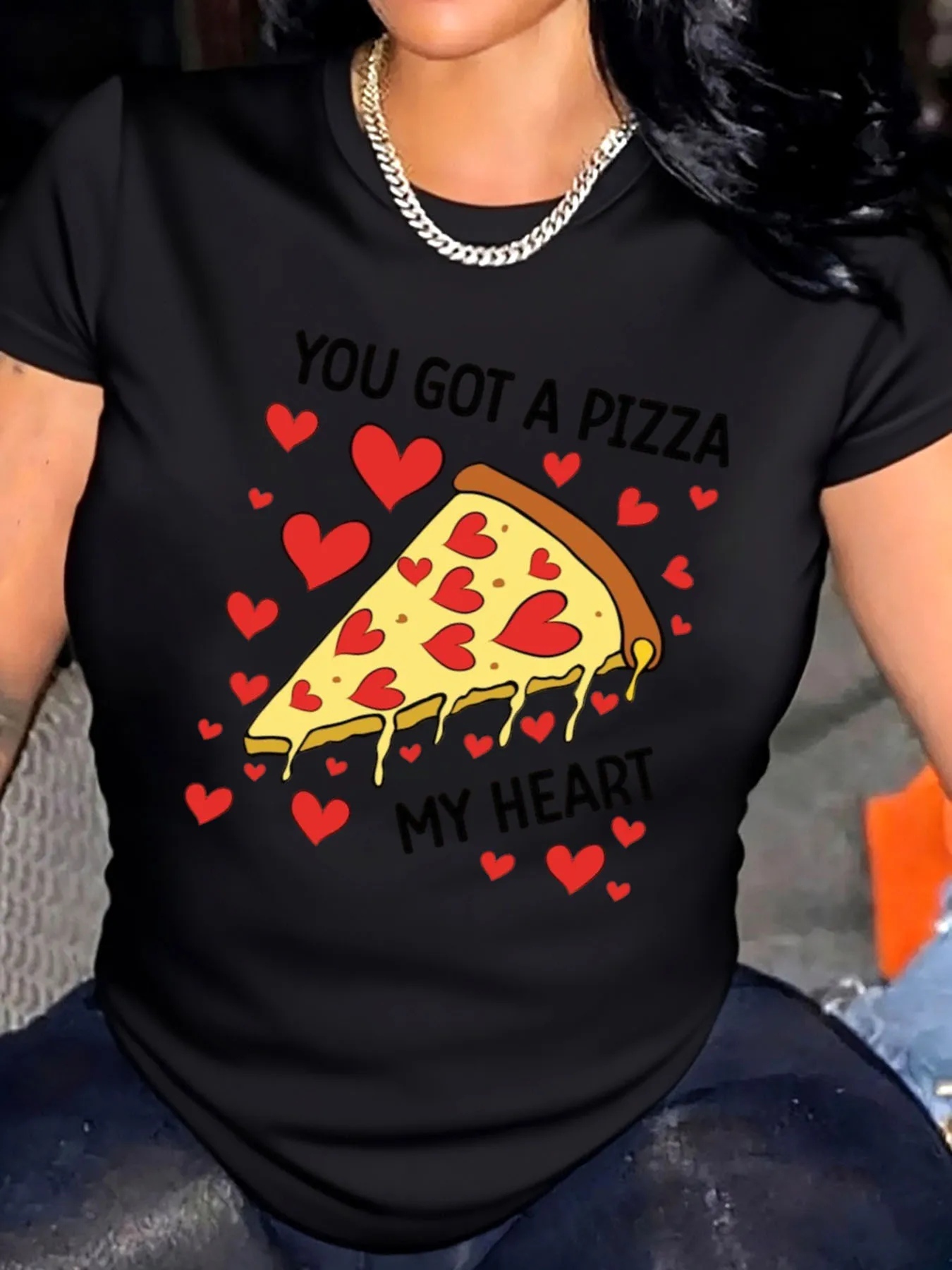 

Женская футболка больших размеров на день Святого Валентина, ломтик пиццы с принтом в виде сердечек для активного отдыха