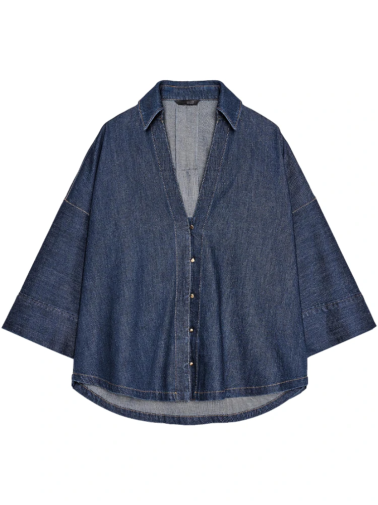 

ZAPRHA 2025 New V-Ne Wide Sve Casual Versatile Denim irt Women's Small Size 278378 Loose Fit Long Sve Pure Color