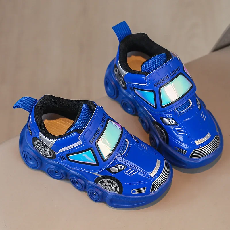 Tennis Shoes LED Children Trainer Cartoon Car Casual Sneakers for Boys Girls Mesh Breathable Kids Flats Baby Illuminated Shoes