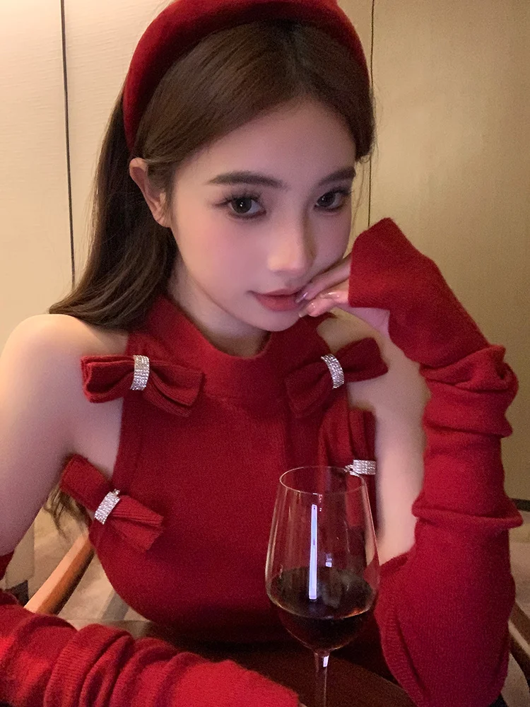 

Christmas red outfit sweet spicy cold shoulder Bow knot sweater for women retro winter slim detachable sleeves knitted tops