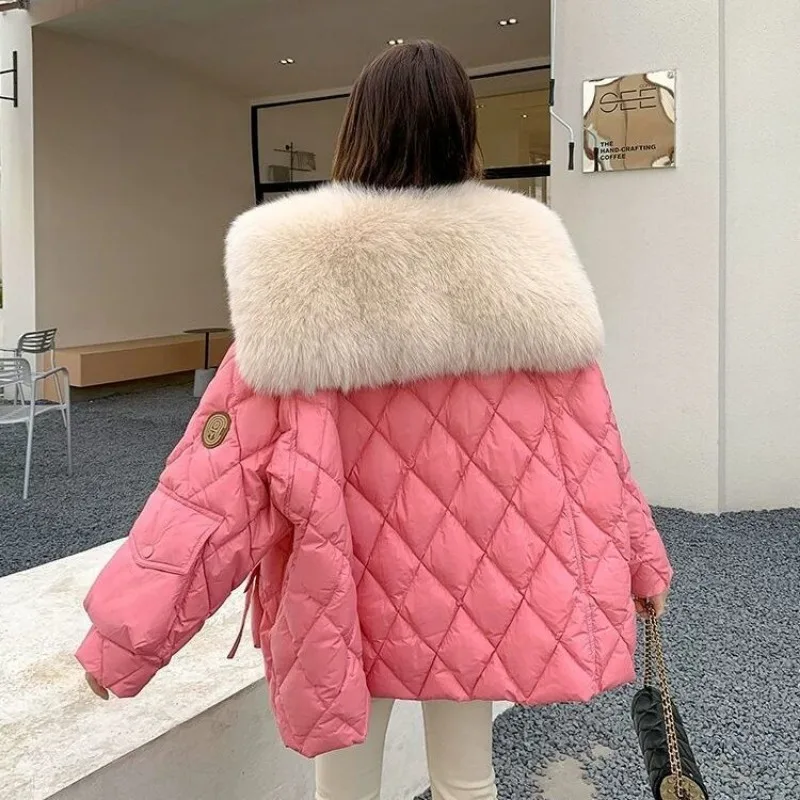 Casaco de pele sintética de comprimento médio feminino, gola de pele de raposa, Parca de costura, Quente, Casual, grandes dimensões, Moda feminina, Novo, Inverno, 2023