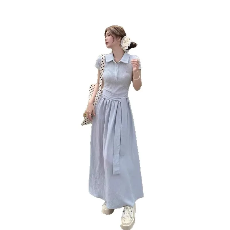 2025 جديد اليابانية الكورية أنيقة الصيف بولو فستان بياقة تي شيرت الربط قصيرة الأكمام النساء الركبة طول مرونة الخصر فساتين