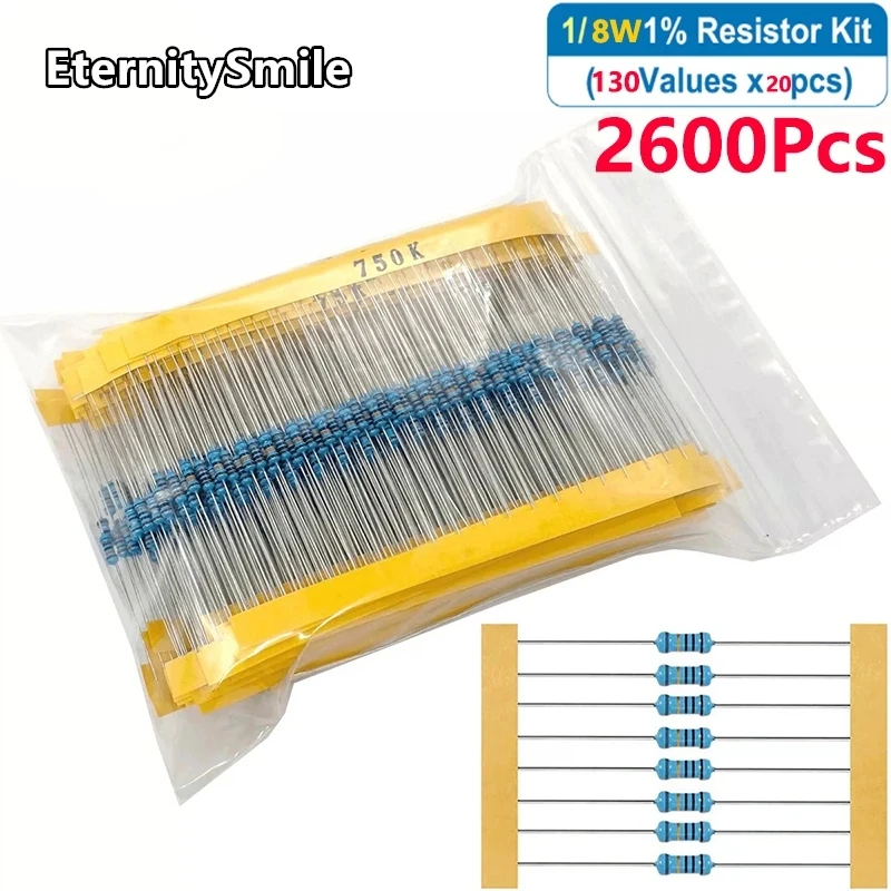 

2600Pcs/Pack 130 Values 1/8W 1% Metal Film Resistors Kit 1Ohm-10Ohm-910Ohm-1k-910K-3M High Precision Resistance Set Assortment