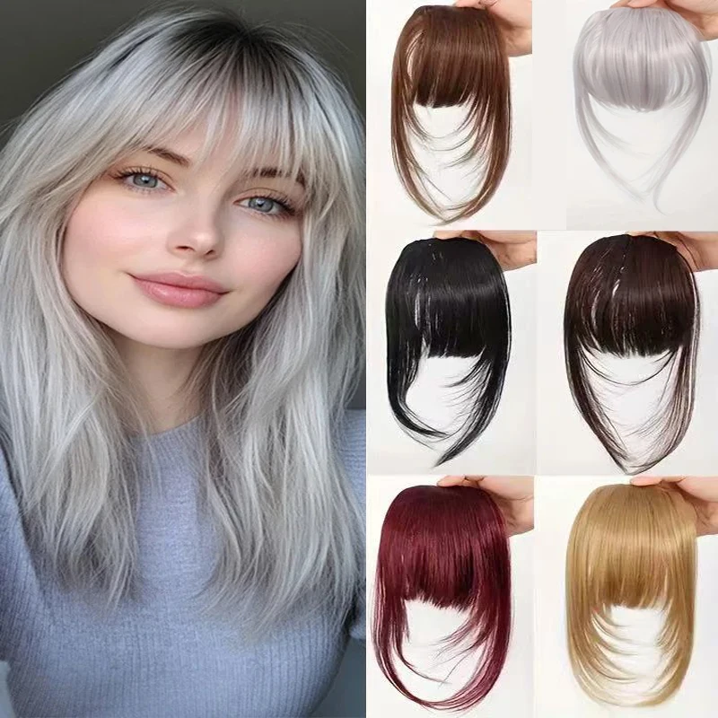 12 Inch Clip In Bangs Synthetic Brown Black Red Golden Bangs For Women Fringe With Temples Hairpieces For Daily Wear Cosplay