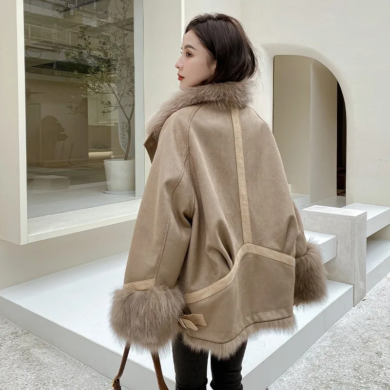 UMI MAO الجلد المدبوغ المرقعة الثعلب الفراء مبطن معطف للنساء منتصف طول نمط جديد جلد الغنم قطعة واحدة معطف المرأة فام