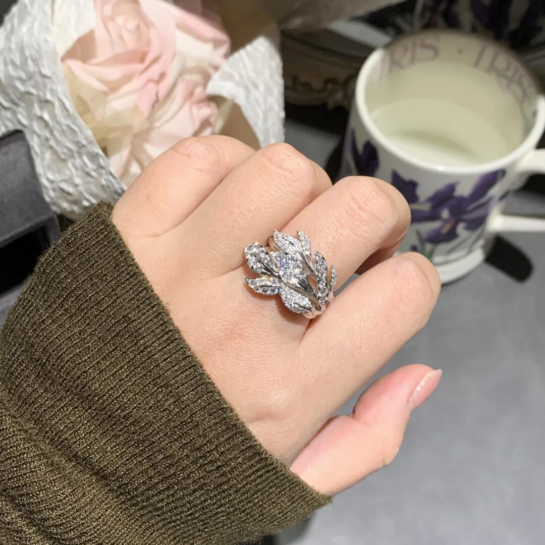 silver 925 inlay diamond sparkling leaf rings for women fashion luxurious trend High quality ring party jewelry gifts adjustable