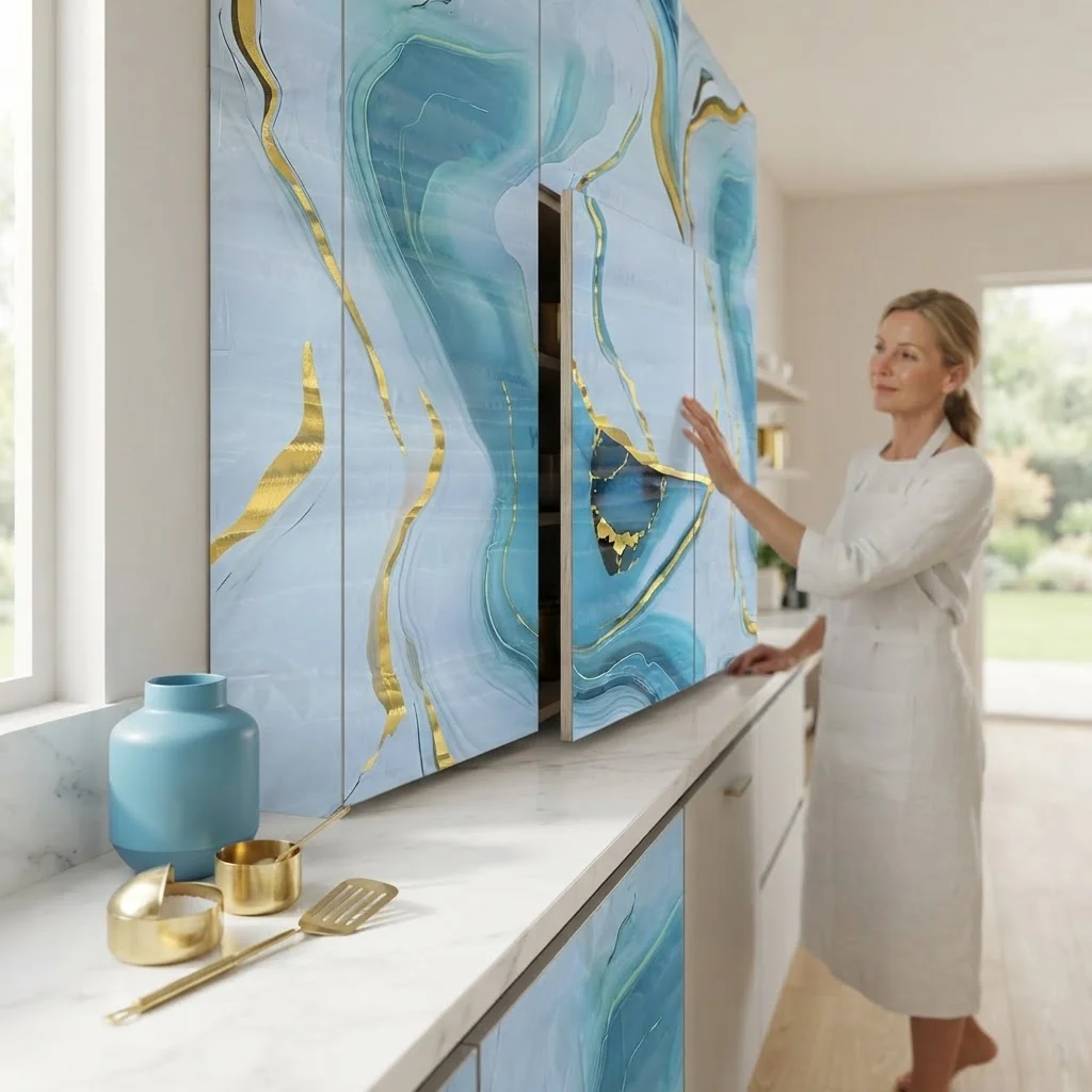 Self Adhesive Wallpaper High Gloss Blue Marble with Gold Streaks Removable Contact Paper Kitchen Counter Cabinet Refinish Film