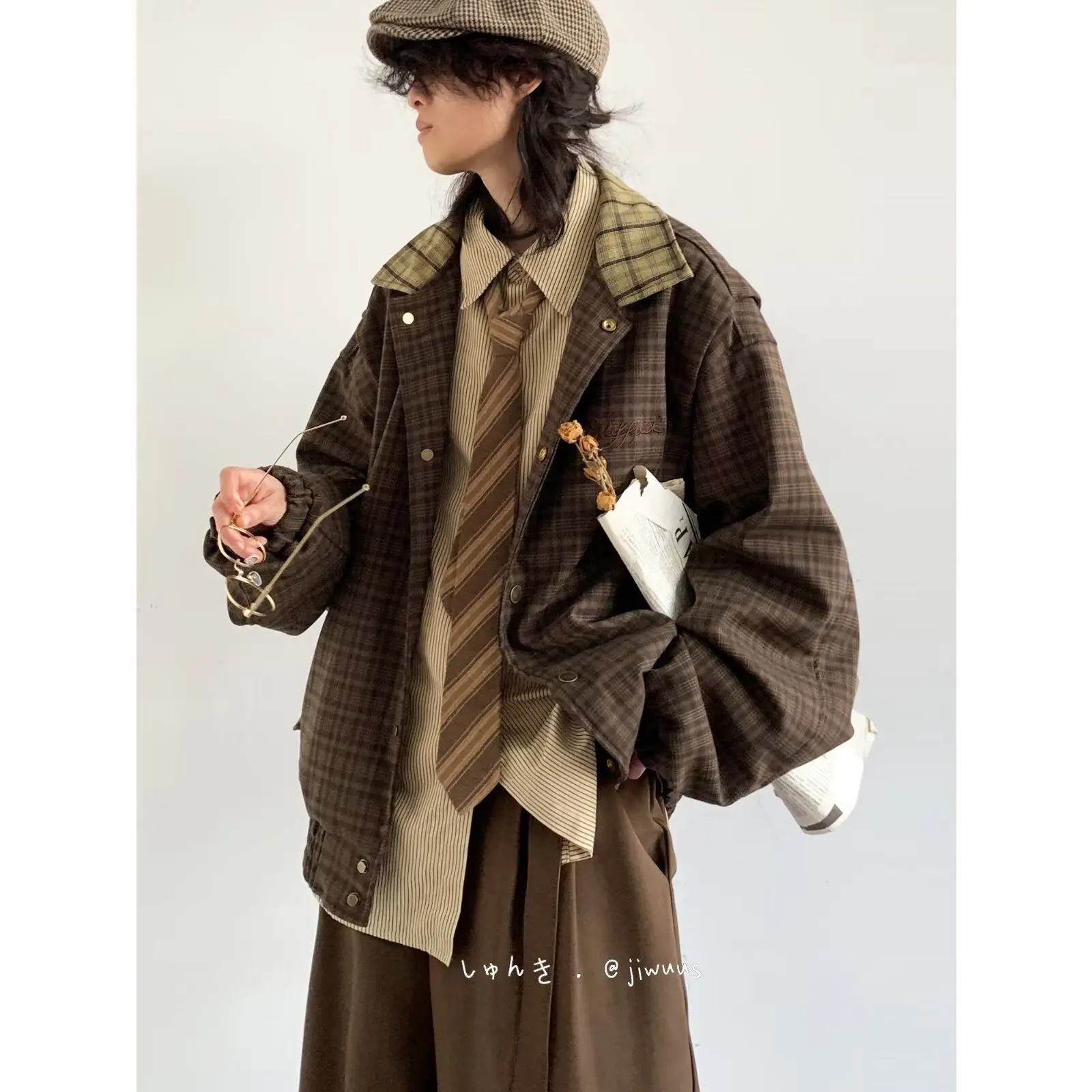 

American Vintage Letter Embroidery Plaid Jackets for Men Japanese City Boy Oversized Jacket Coat Casual Lapel Buttons Outerwear