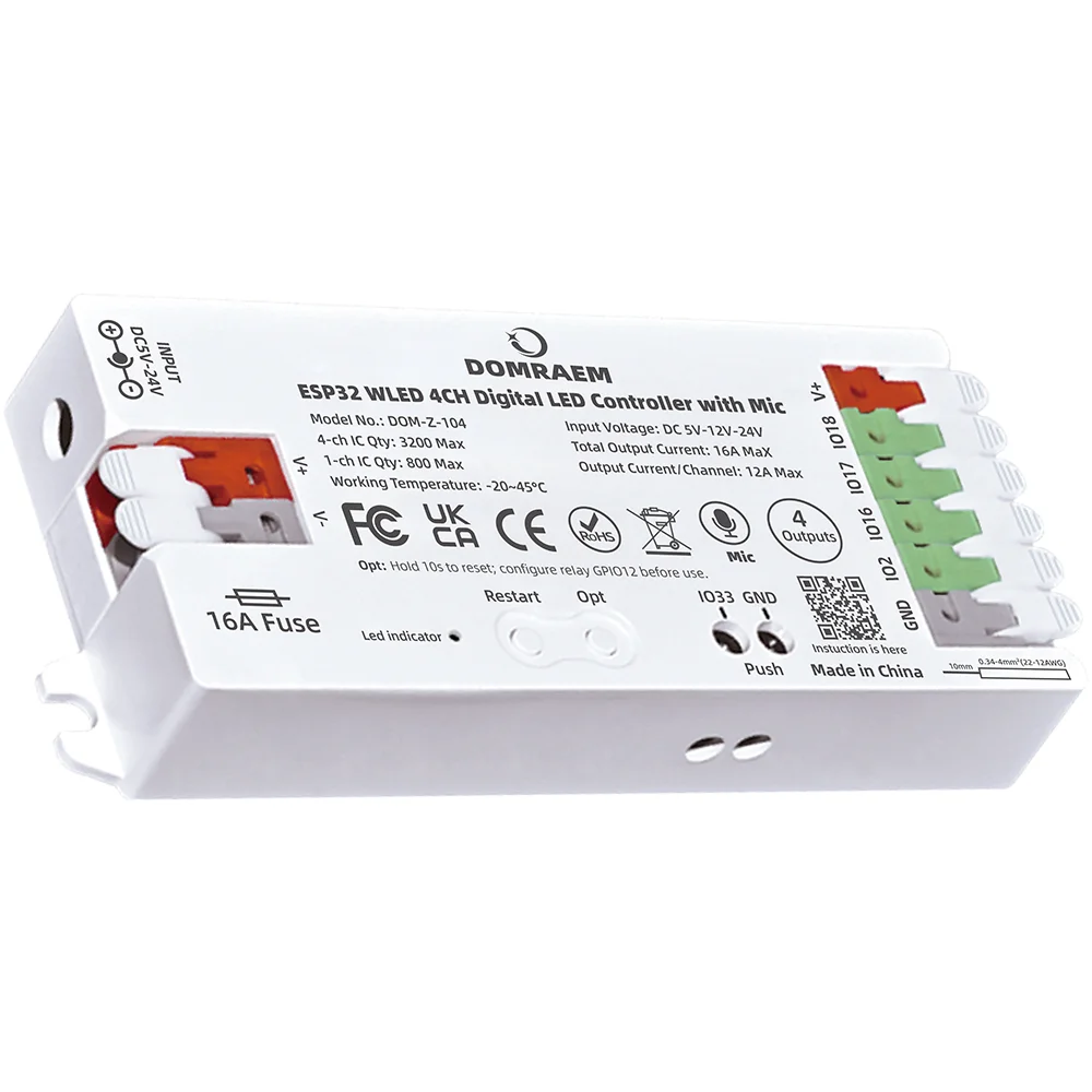DOMRAEM ESP32 RGB IC WLED Controller 4 Channel 16A Fuse Mic Sound Reactive Level Shifter for WS2811/12B SK6812 Digital LED DIY