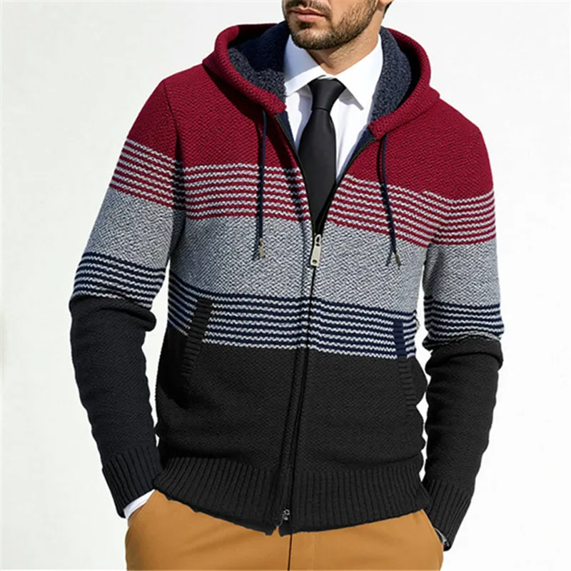 

Pop 2025 Autumn Winter Knit Hooded Jackets Men Patchwork Striped Business Casual Outwear Male Long Sleeve Warm Fleece Sweateroat