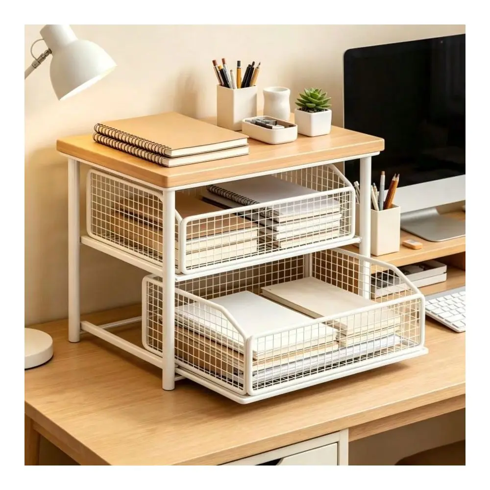 Solid Hardwood & Metal Double Layer Drawer-Type Countertop Organizer, Multi-Functional Vertical Storage Shelf For Coffee Bar Layout, Practical Household Storage Box To Store Coffee Mugs, Seasoning Spices, Tableware view 3