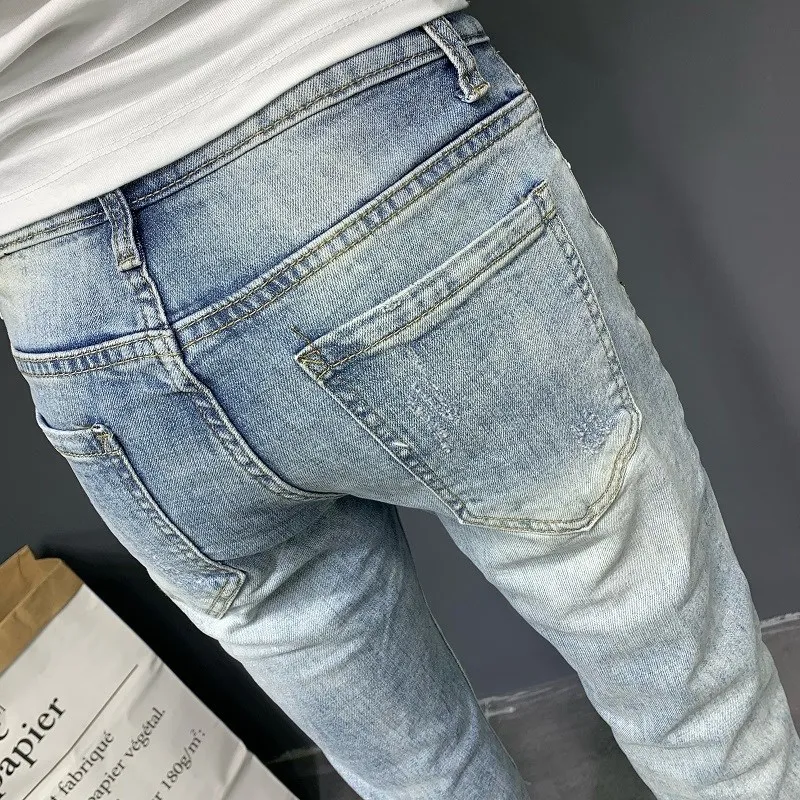 

Summer American Retro Light Blue Men's Jeans Trendy Korean Simple All-Match Elastic Slim Fit Nine-Piece Pants