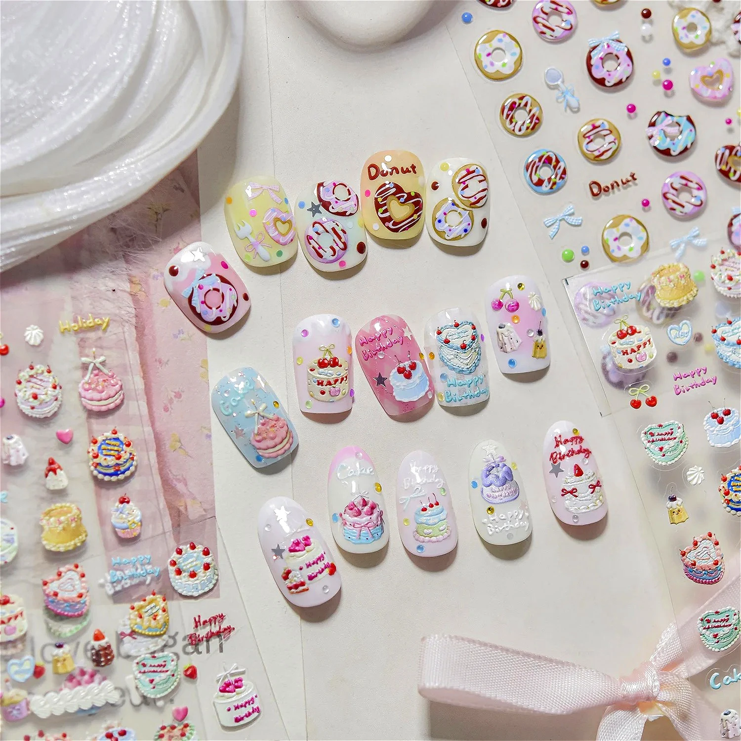 

Colorful Food Doughnut Candy Birthday Cake Donut Bowknot Apple Cherry Watermelon Peach Summer Kiwi Lemon Nail Art Stickers Decal