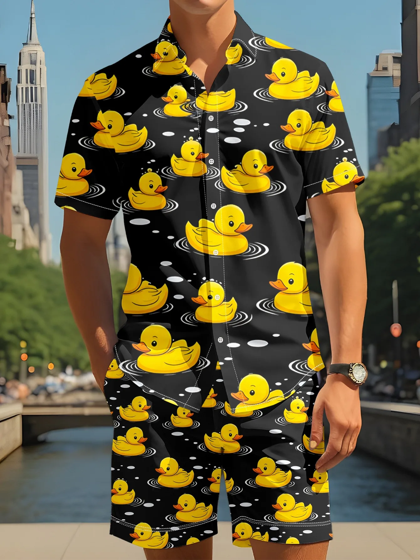 Cartoon Duck Graphic Men Co‑ord Set Turn‑down Collar Button Shirt Elastic Waist Short Pant Vacation Suit - view 4