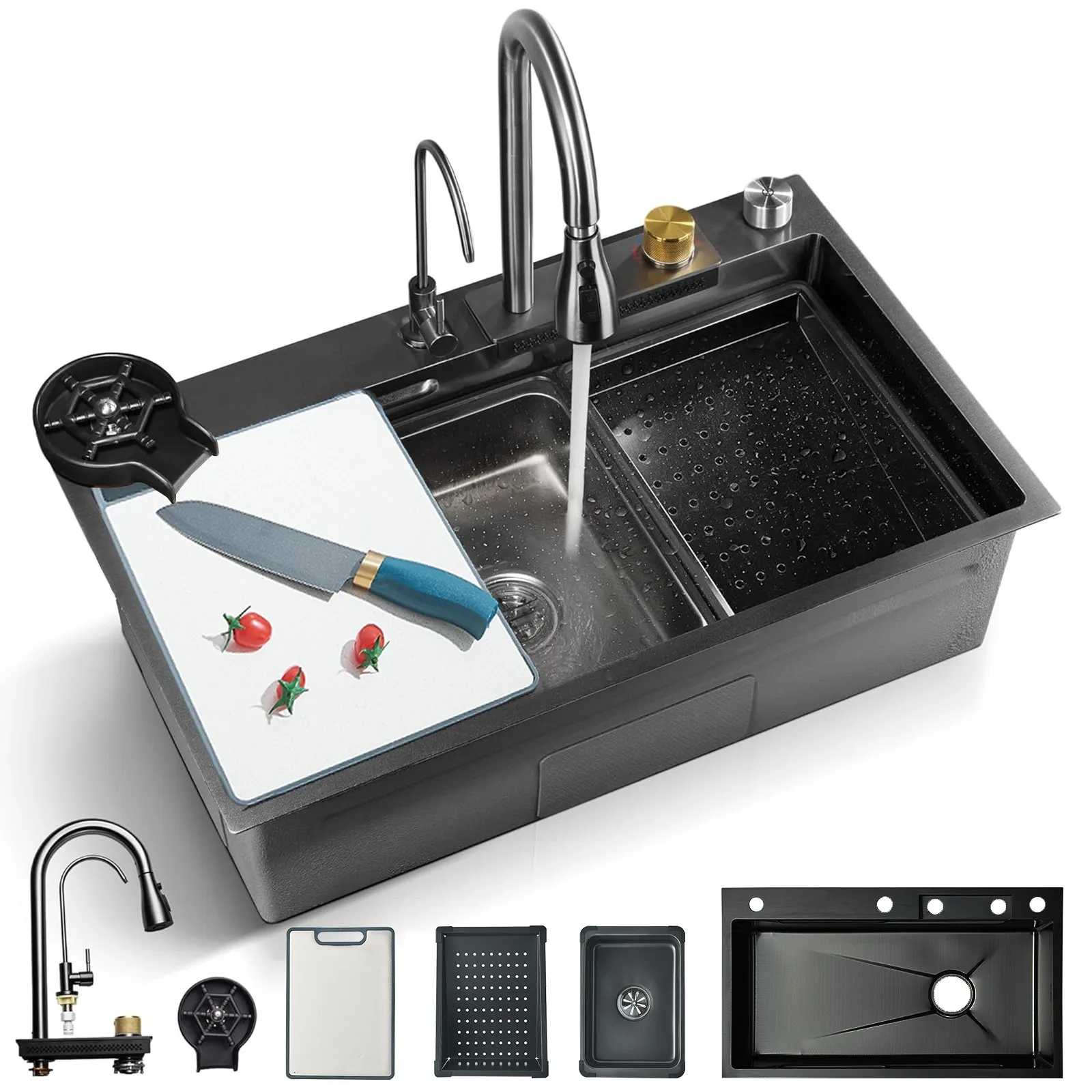 

Кухонная мойка из нержавеющей стали 29,5 дюймов с одной чашей и выдвижным смесителем