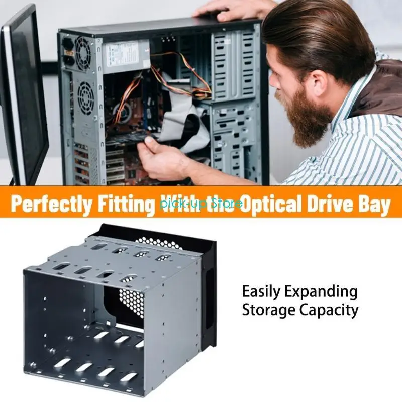 HDDケージラック、ファンスペース付きハードドライバートレイ、コンピューター用SATA 5.25インチから5x3.5インチトレイラック用ハードドライブケージアダプターブラケット