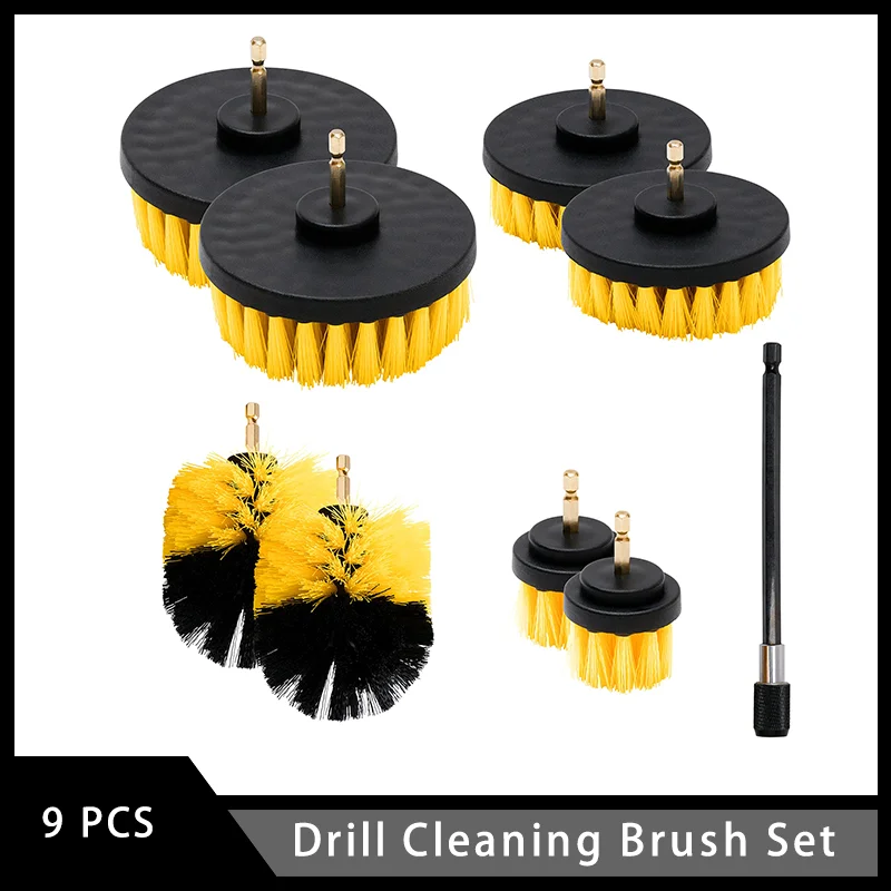 

9-Piece Drill Cleaning Brush Set 2/3.5/4/5 inch with Extended-Reach Attachment Power Scrubber for Cleaning & Car Detailing