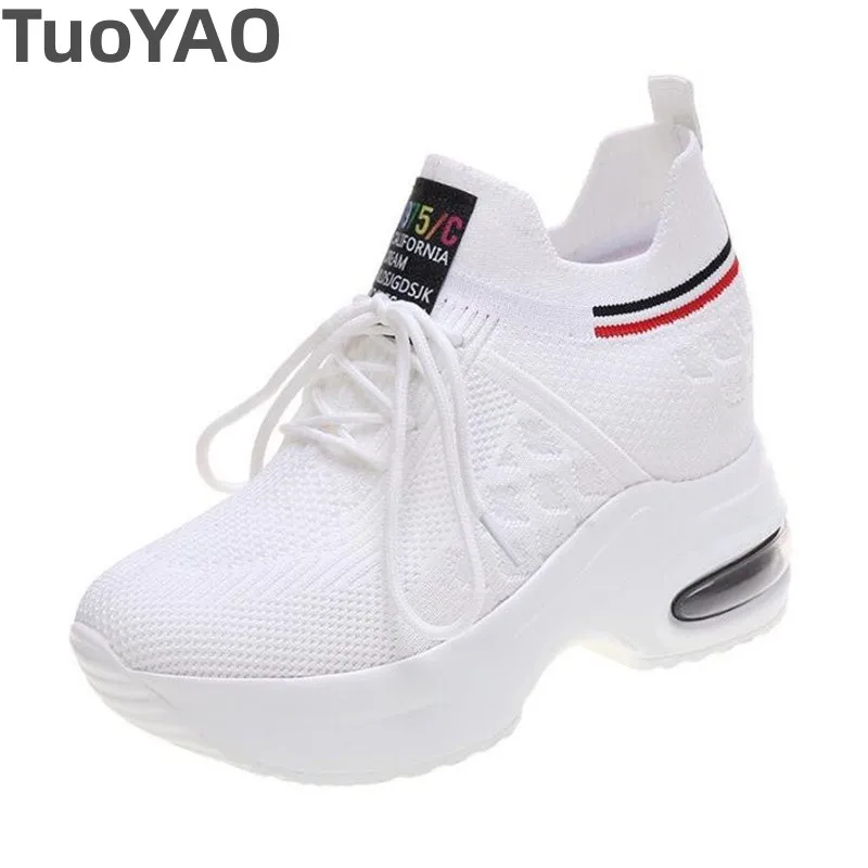 Spring Breathable Mesh Sneakers 8CM Hidden Increasing Sport Shoes Woman Wedge Casual Chunky Shoes High Platform Shoes White New