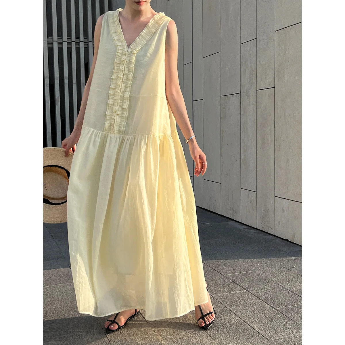 

Ruffle A-line Long For Women Summer Sweet V-neck Sleeveless Dress