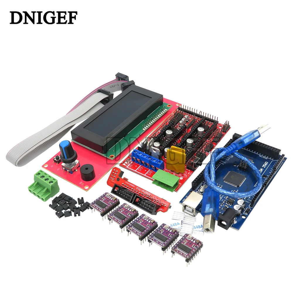 Impresora 3D 1 Uds Mega 2560 R3 + 1 panel de control RAMPS 1,4 + 5 uds DRV8825 portador de Motor paso a paso Reprap para kit de impresora 3D