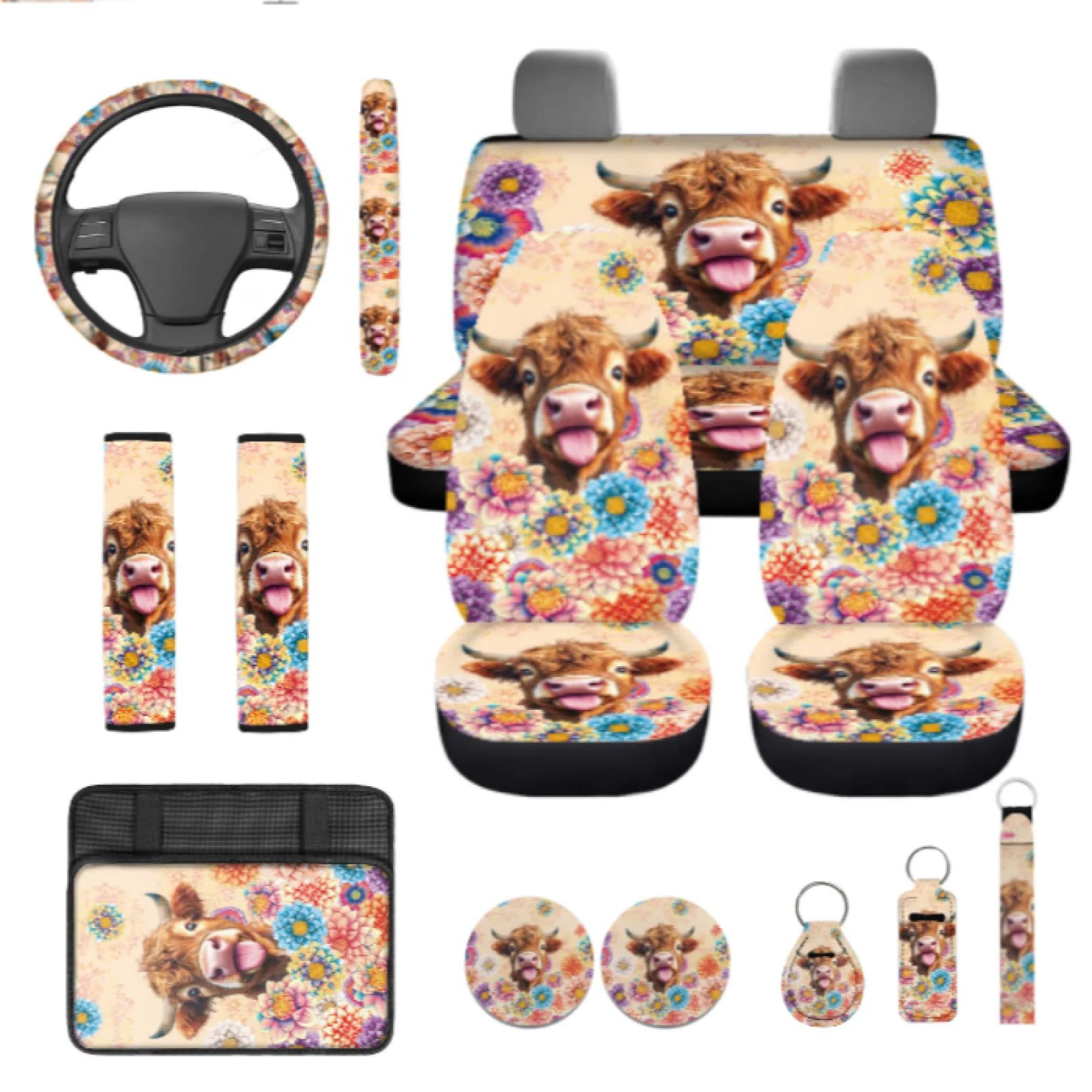 Coloranimal Cattle Set of 13 Car Seat Cover Set with Easy Clean Steering Wheel Cover and Armrest Cover Pad for Sedans