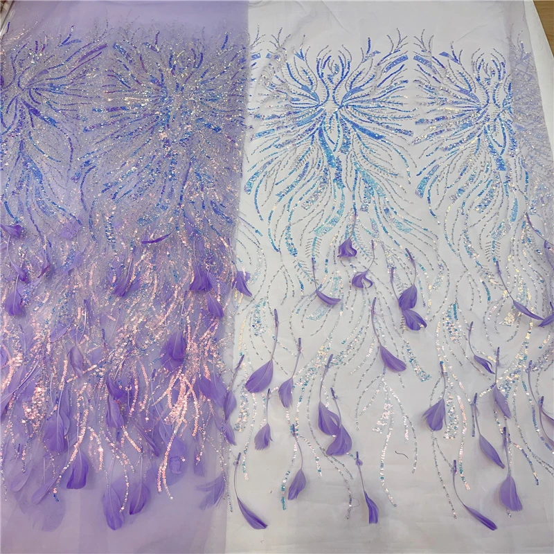 Feather Sequin Fabric with Embroidery | Bead Tube Lace | Wedding Dress Stage Costume Fashion Fabric