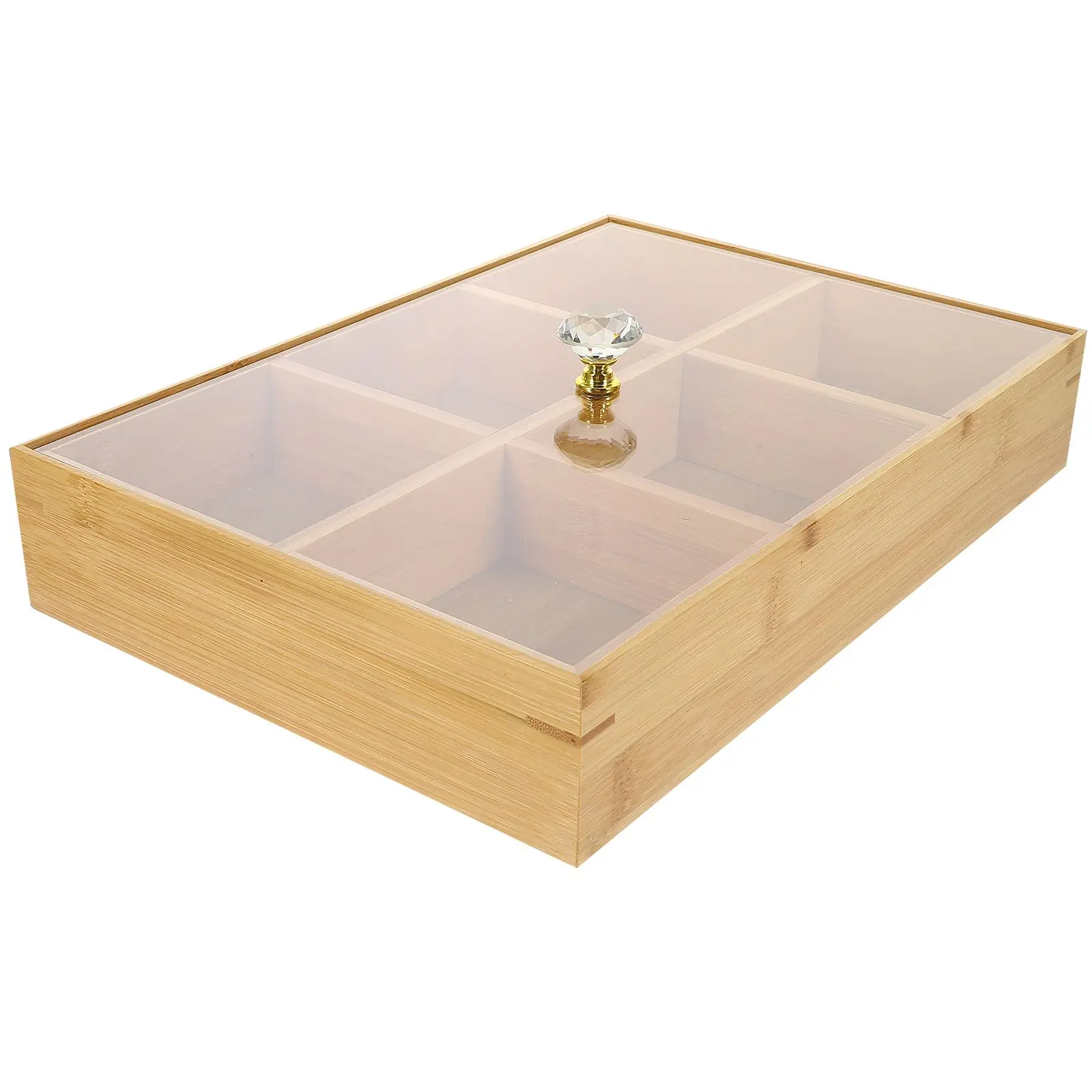 

Bamboo Fruit Tray with Lid 6 Compartments Chinese Style Snack Plate Tea Party Home Decor Candy Dish Serving Trays