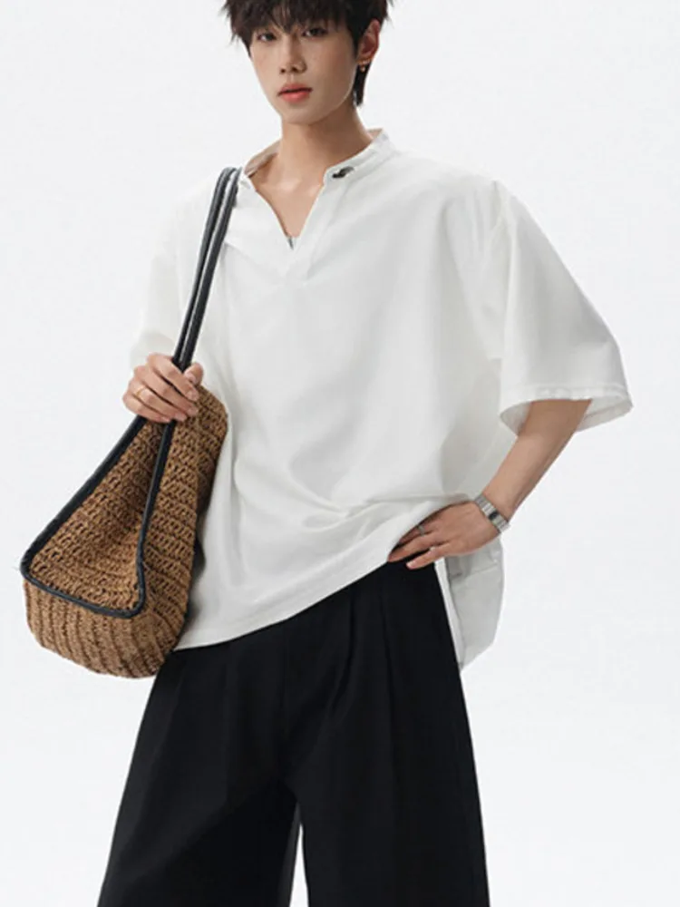 American Style V Neck Quick Drying T Shirt Men's Solid Color Loose Short Sleeve Top 2026 Summer New 25A78