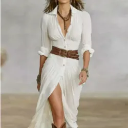 2024 Autumn New Women's Clothing Solid Color Fashionable Temperament Long Sleeved Sleeve Lace Up Casual Mid Length Lapel Dress