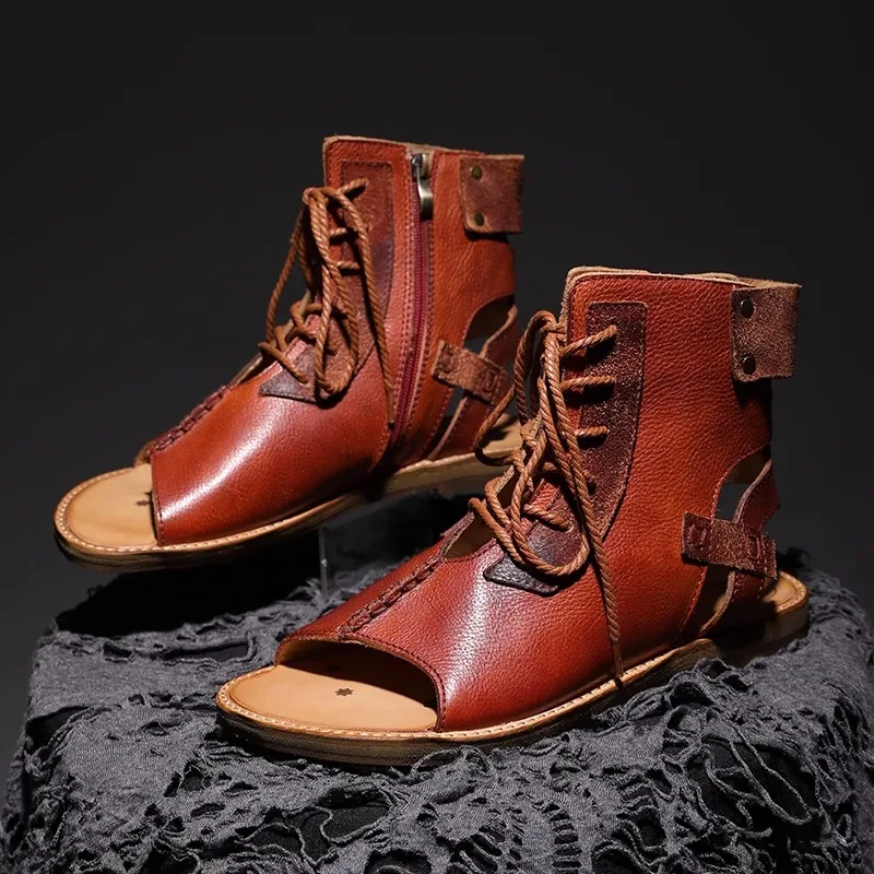 New Design Cowhide Hollow Out Men Gladiator Sandal Boots Genuine Leather Handmade Vintage Work Sandals Outdoor Beach Shoes