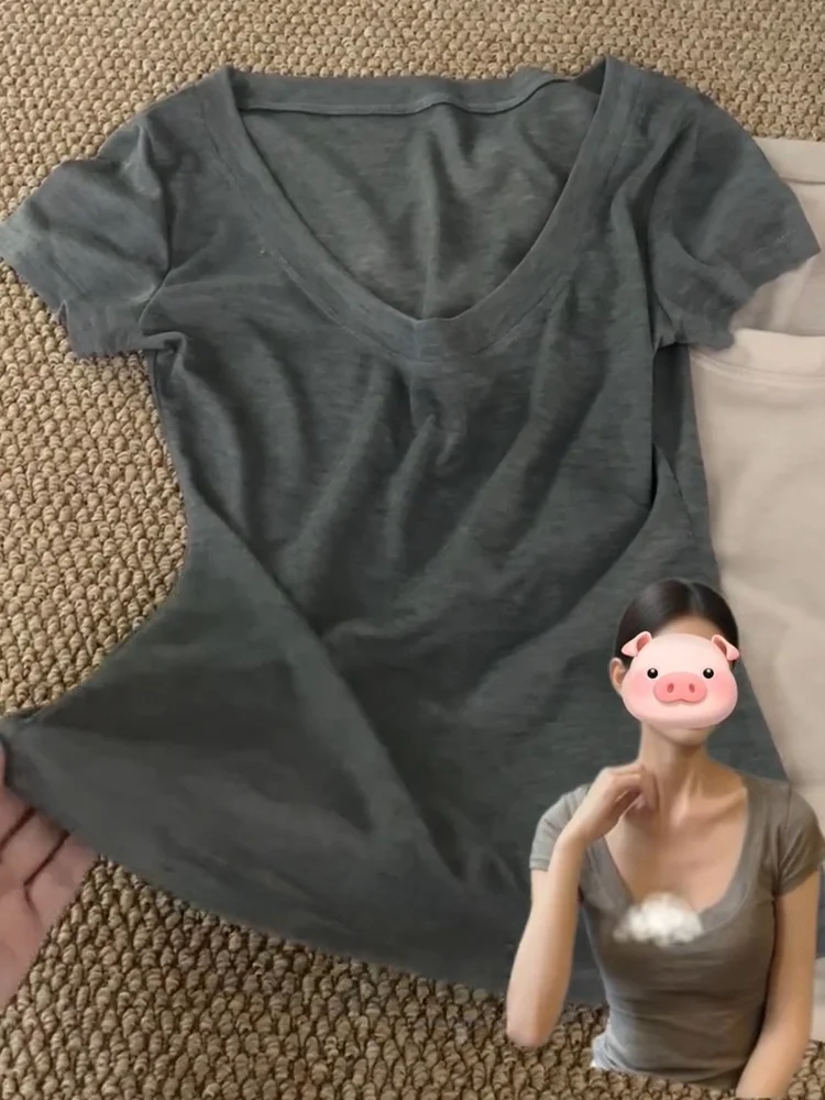 

Американская ретро-футболка с коротким рукавом и U-образным вырезом, женская летняя футболка для похудения с утягивающим эффектом на талии, универсальный топ с коротким рукавом.