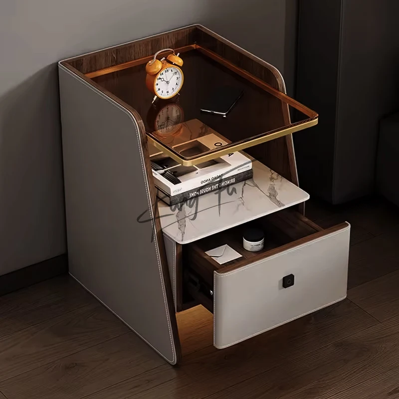Lightweight Luxury Fingerprint Lock Multifunctional Bedside Table Modern Simple Saddle Leather Bedside Table
