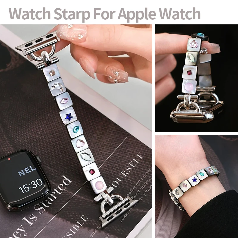 Shell Inlaid Colorful Zircon Metal Strap for Apple Watch Band 40mm 44 41 45 42 46 Square Link Bracelet for Iwatch Series 11 10 9