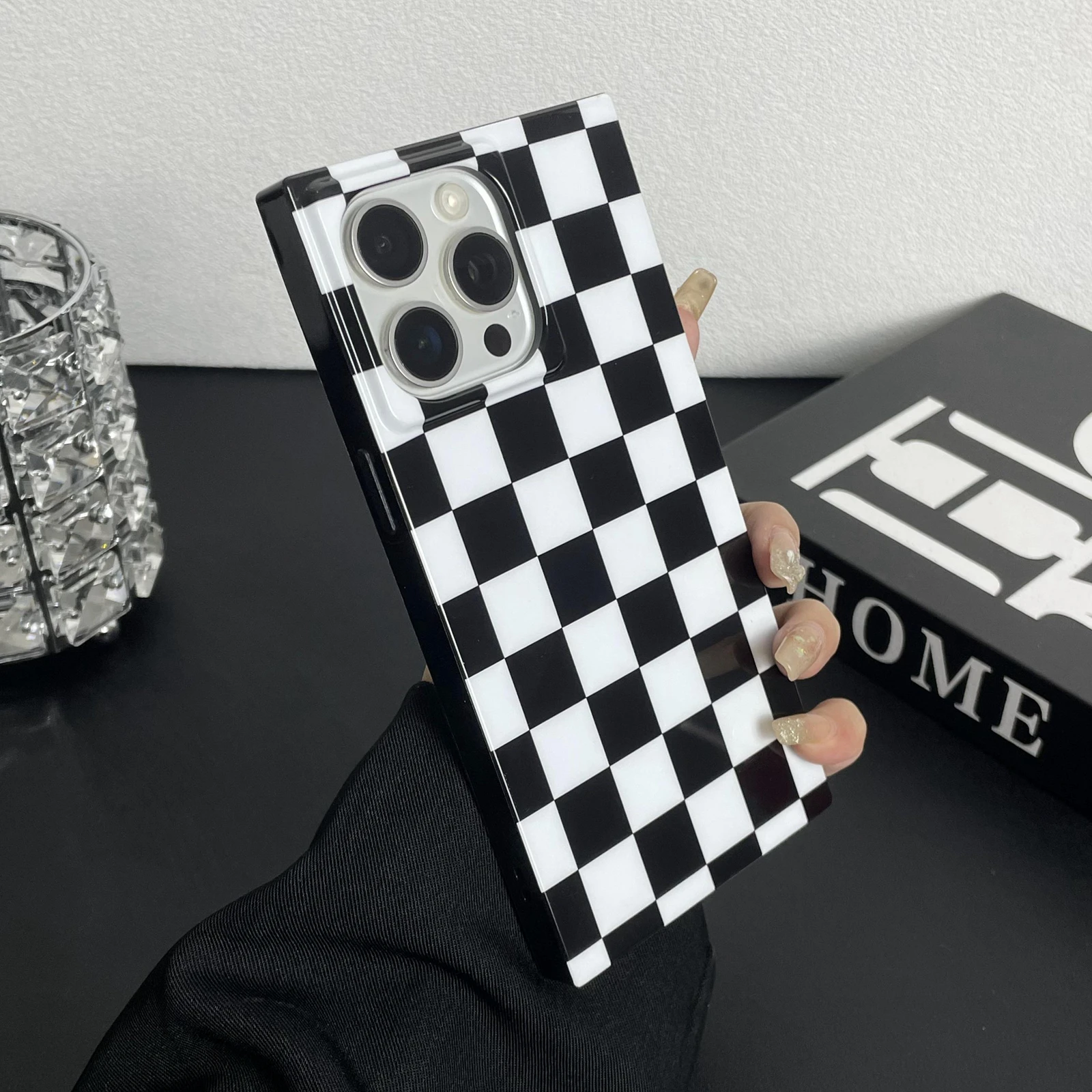 Checkered Checkerboard Phone Case for iPhone 16 15 13 14 Pro Max Protective Shockproof Soft Silicone Black White Checker Cover