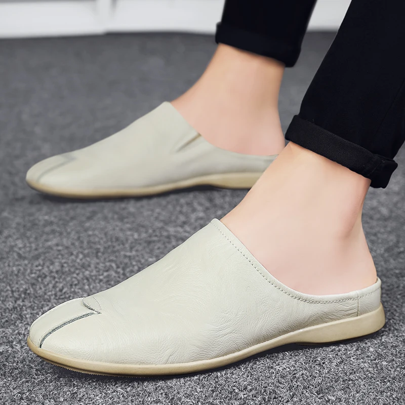 Genuine Cow Leather Black Men Half Shoes Mules Casual Fashion Loafers Summer Breathable Luxury Slippers 2023