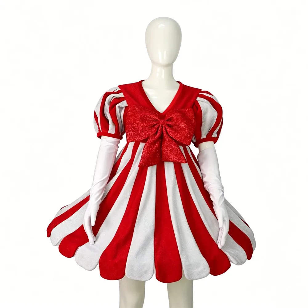 Women Red White Striped Dress with Long Gloves Christmas Carnival Clown Stage Costume Halloween Festival Performance Fancy Dress