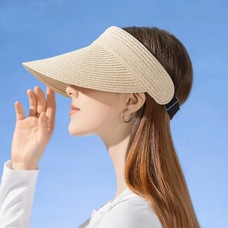 Atmungsaktives gewebtes Stroh-Visor ohne Oberkappe, verstellbares elastisches Band, UV-Schutz, Damen-Sonnenhut für den Sommer im Freien