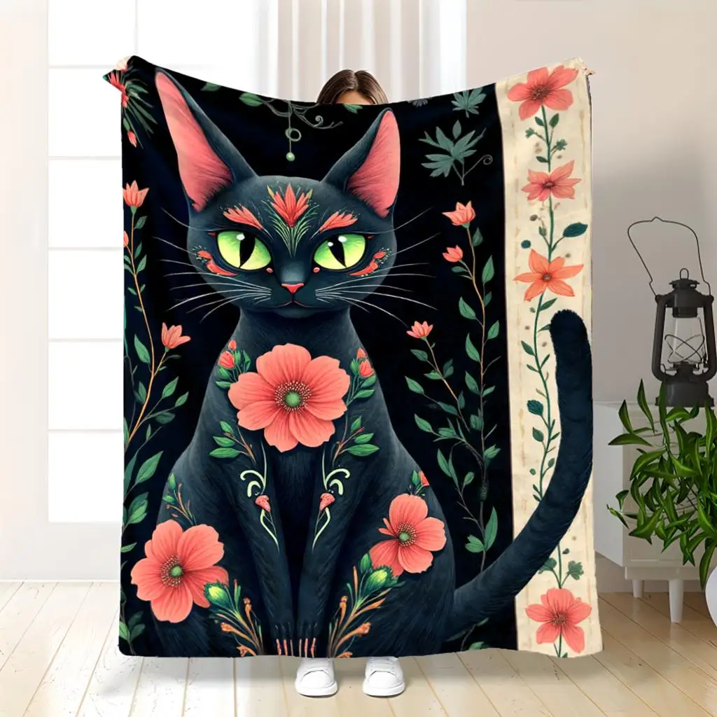 Large Cat Floral Art Throw Blanket Dark Botanical Cottagecore Cozy Picnic Blankee 150x200cm Aesthetic Gift