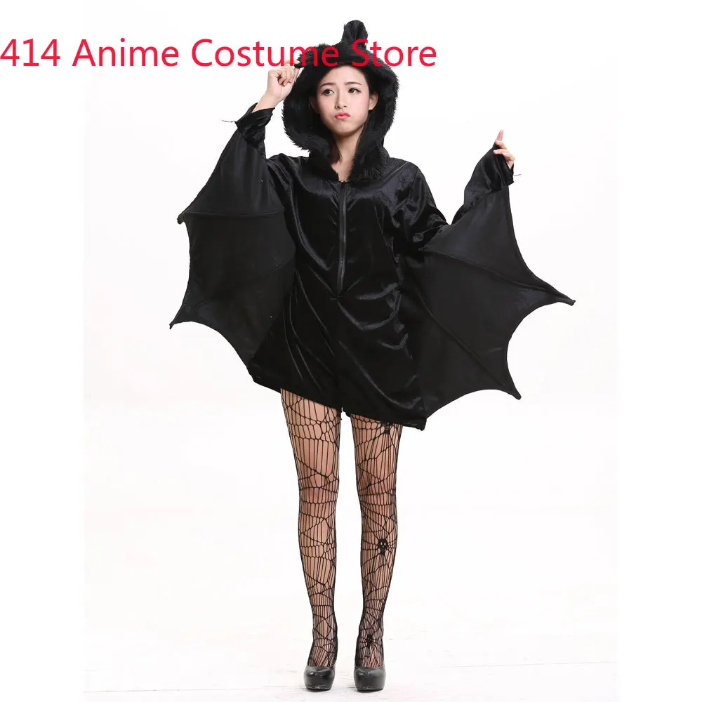 Halloween Purim Carnival Party Woman Black Bat Vampire Costumes for Women Fantasia Cozy Bat Cosplay Costume Furry Hood