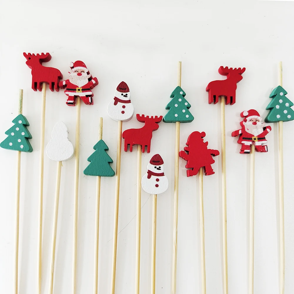 100Pcs Christmas Disposable Bamboo Skewers Santa Xmax Tree Fruit Fork Buffet Dessert Cocktail Sticks Christmas Decoration 2024