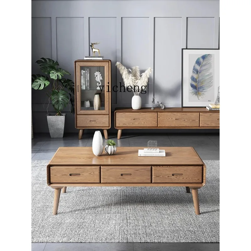 Cj-18 Nordic all solid wood high-footed coffee table TV cabinet combination living room ash wood tea table