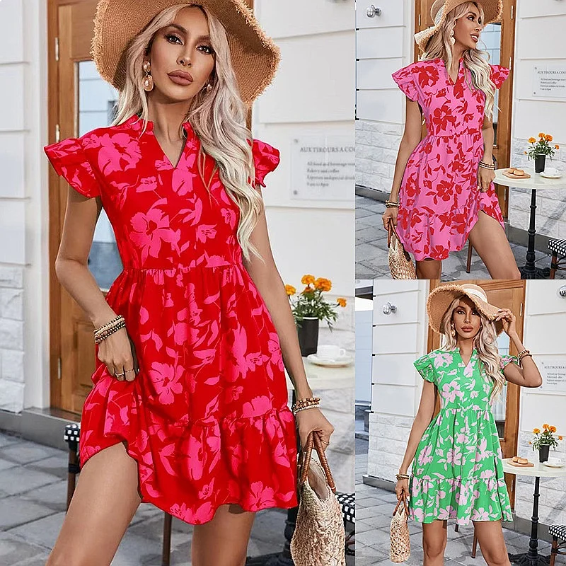 Women Floral Print Dress Spring Summer V Neck Ruffle Sleeve Loose Waist Dresses Casual Elegant Vacation Party Sundress